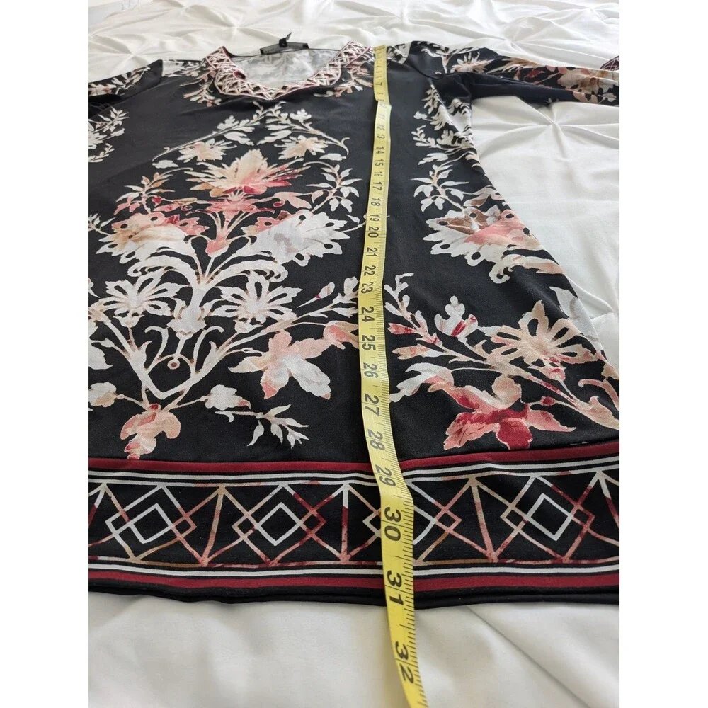 WHBM Shift Dress/Tunic Women M Multi Black 3/4 Aztec Floral Stretch Embroidery - Picture 12 of 12